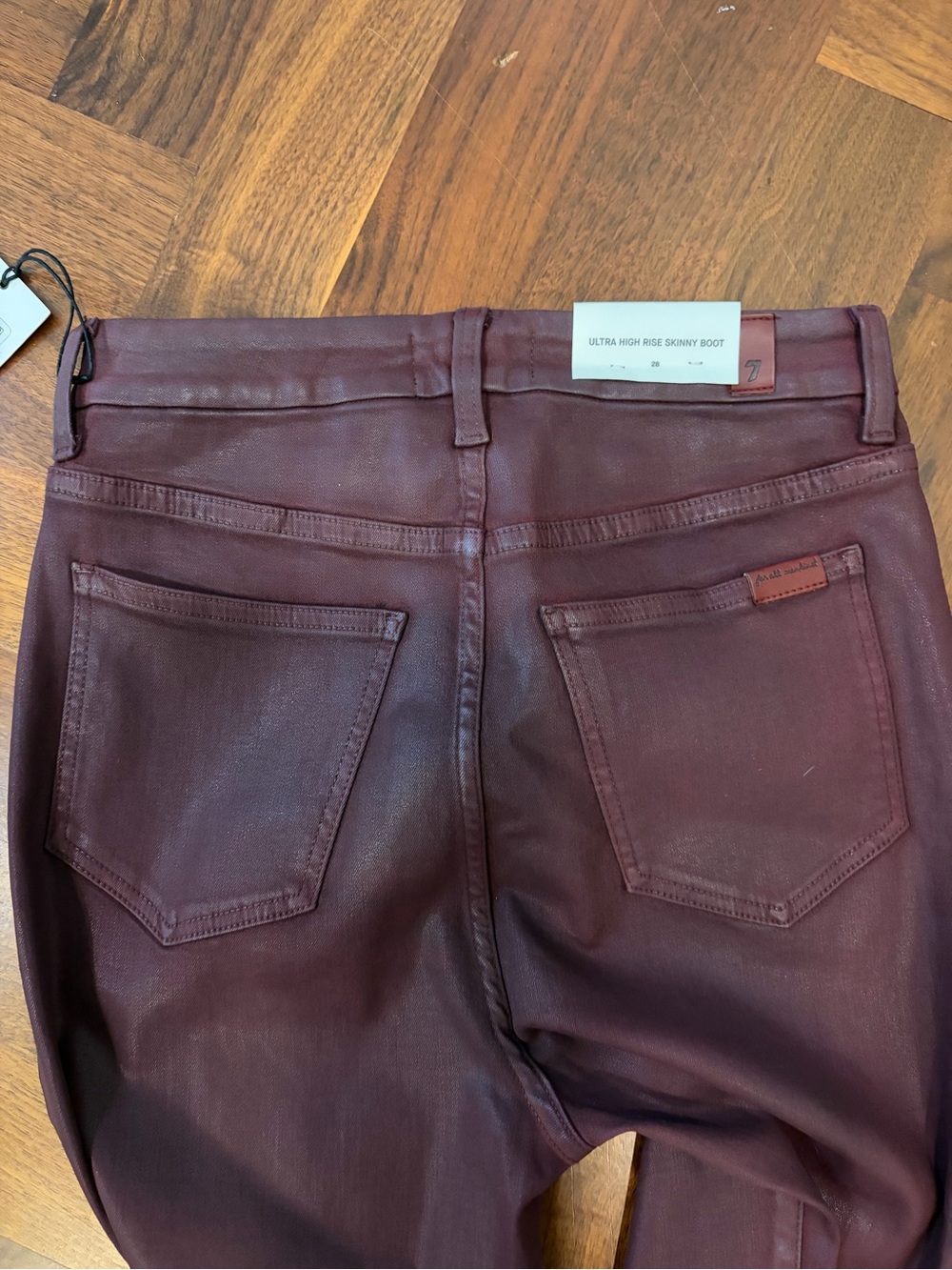 7 For All Mankind Burgundy Faux-Leather Flare Jeans - Picture 5 of 11
